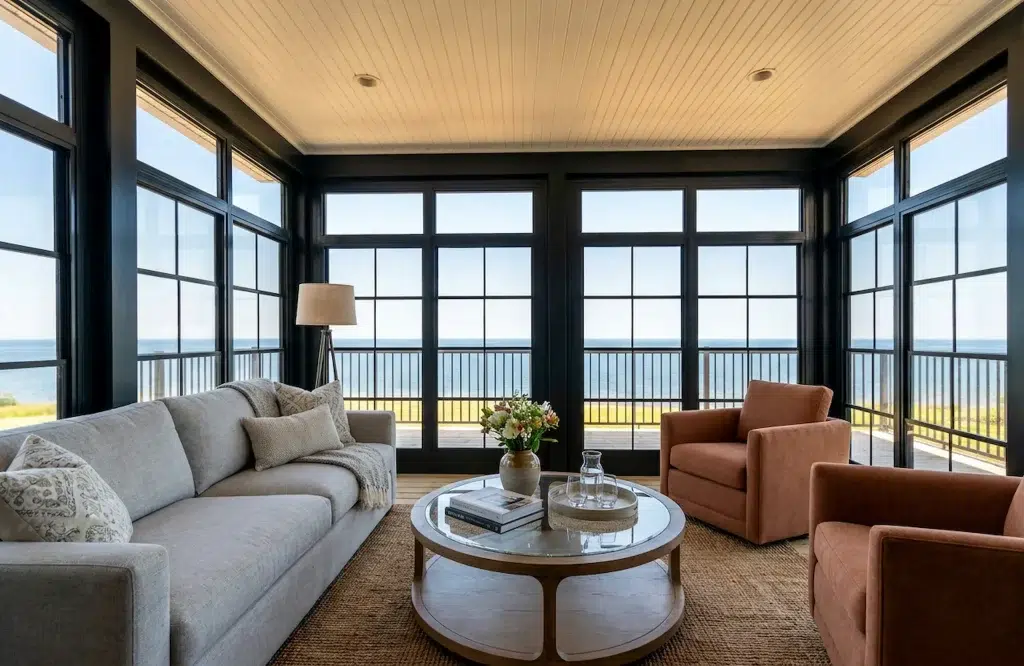 Wall solution transforming an unused porch into a comfortable outdoor space.